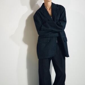 NWOT Zara Dark Cotton Lined Blend 2 Button Closure Denim Women's Blazer Size L